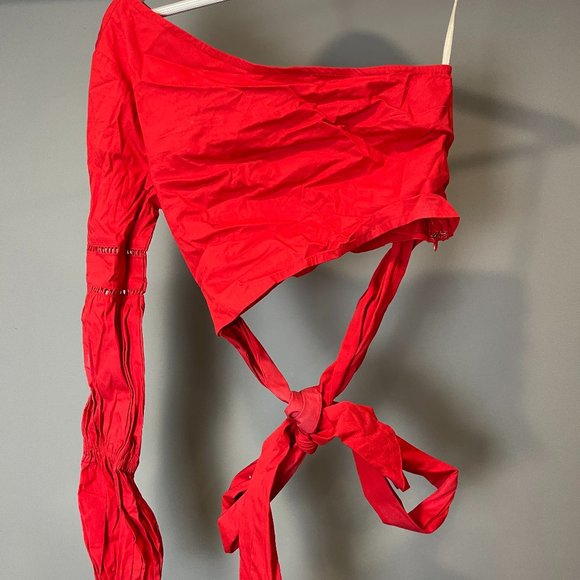 Revolve Tularosa One Shoulder Asymmetrical Cropped Bow Red Lola Blouse - Size XS - Picture 7 of 7
